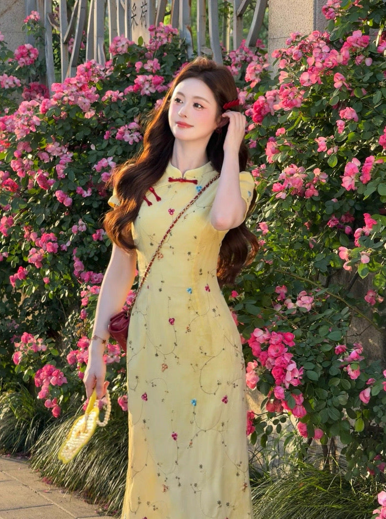 Red Button Yellow Cheongsam CD015 Long Dress (S, M)