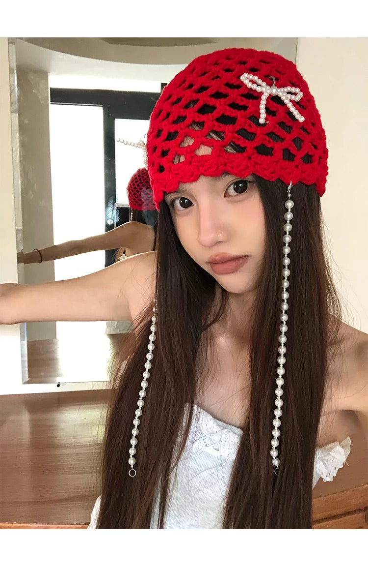 H15 Pearl Ribbon Knitted Embroidery Hat (Red)