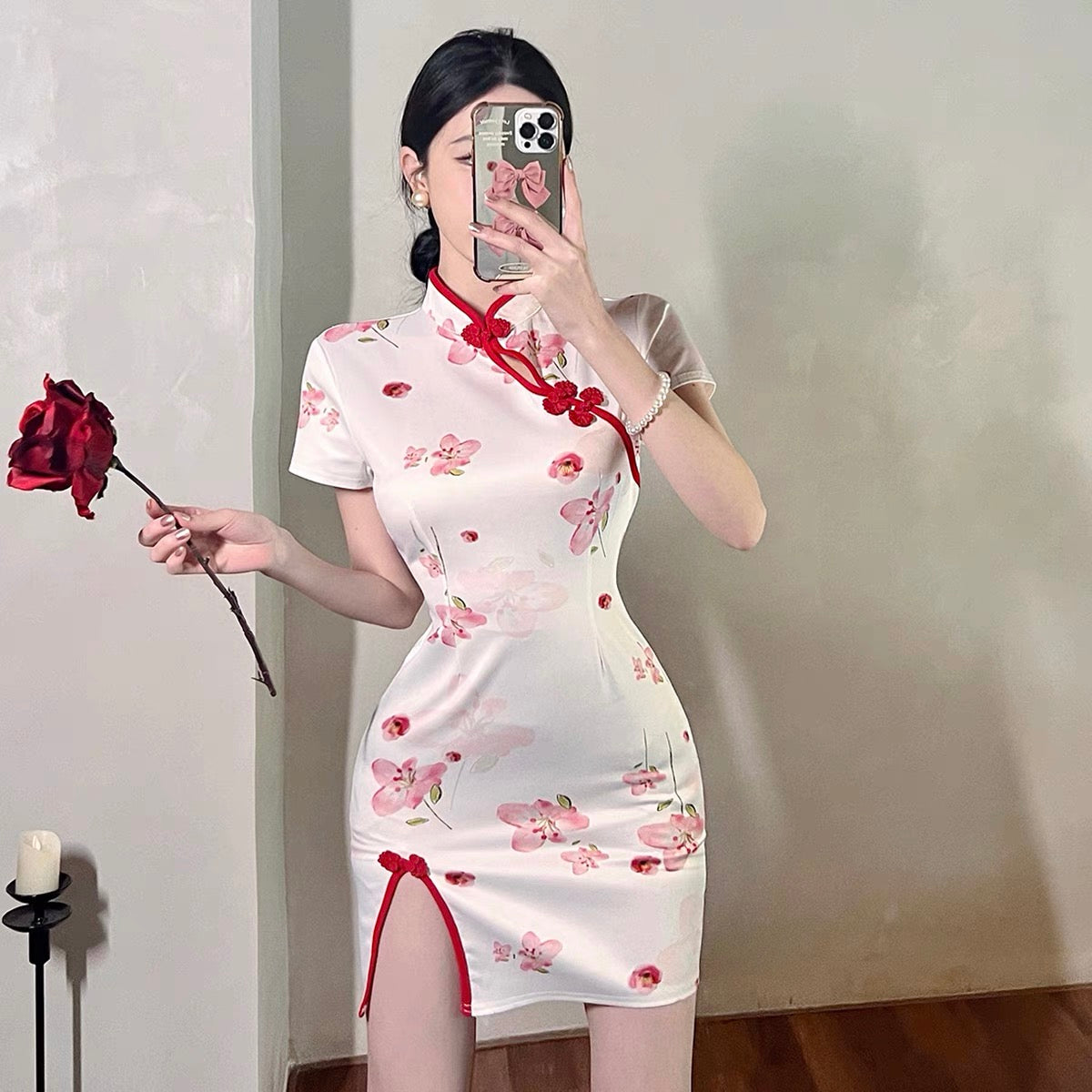 Pink Flower White Cheongsam Dress (S)