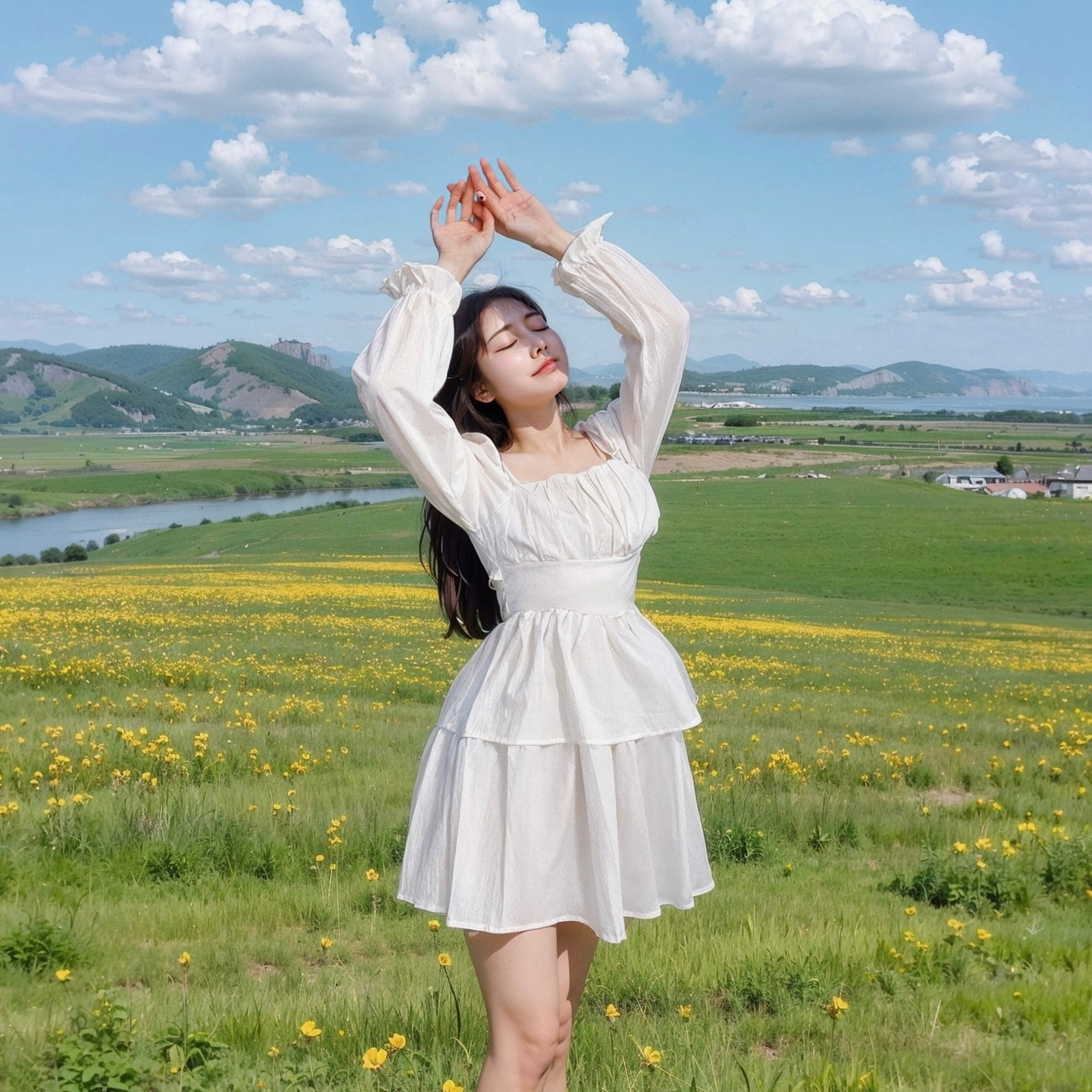 Long Puff Sleeve Two Wear White Dress