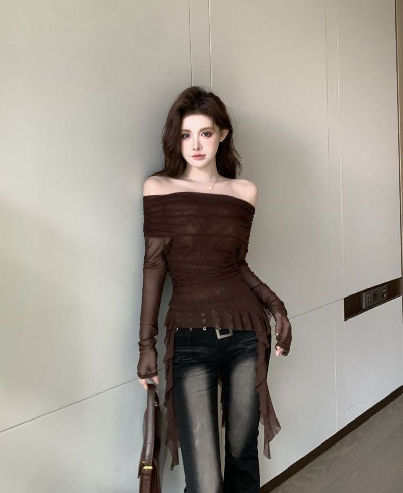 Off Shoulder Long Sleeve Brown Mesh Top