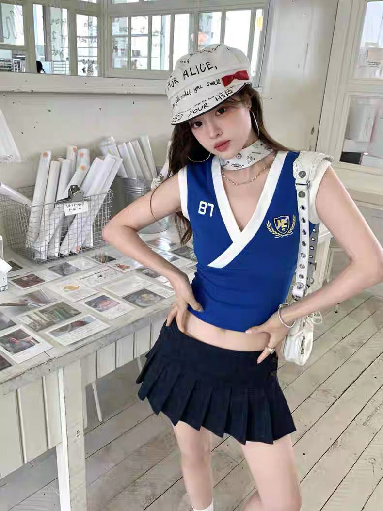 Uni V Collar Top + Skirt Two Piece Set (S, M)