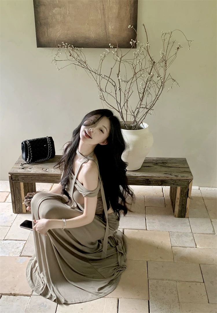 Milk Tea Off Shoulder Top + Long Skirt + Strap Three Pieces Set