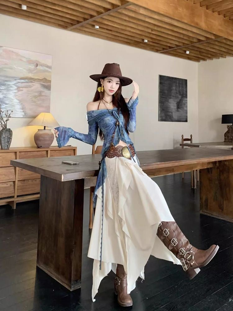 Creamy Unequal Mix Lace Long Skirt