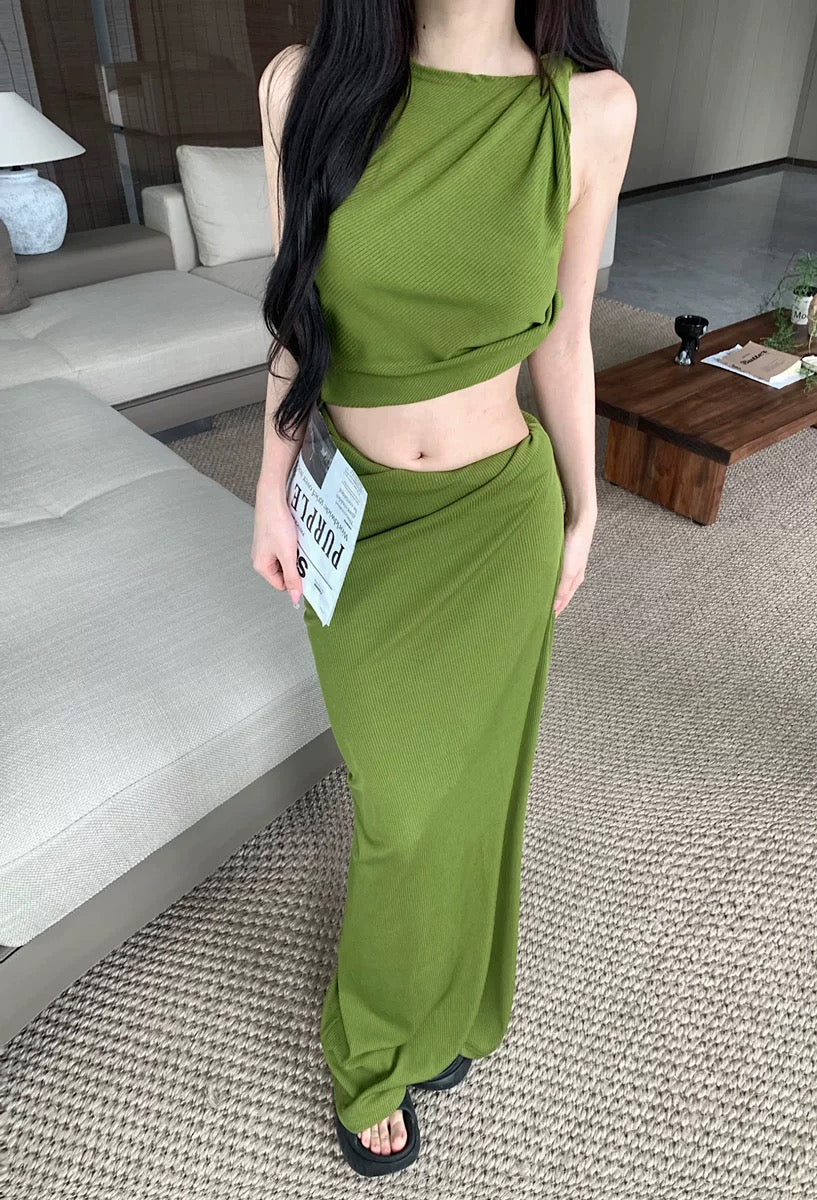 Green Top + Long Skirt Two Pieces Set