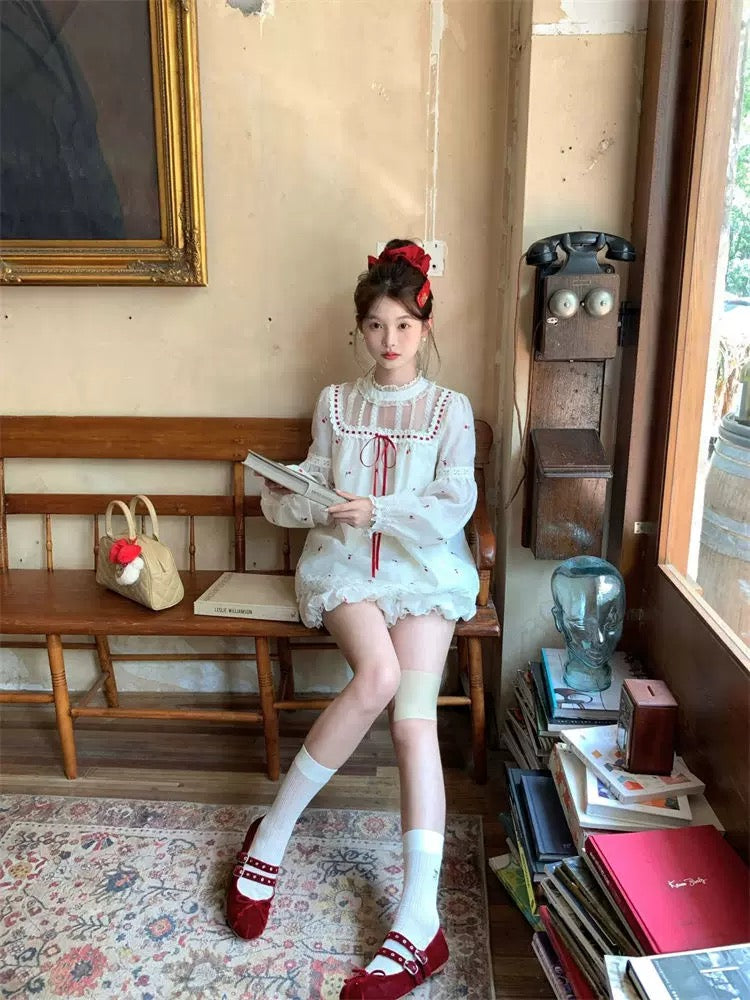 Dolly Beige Cherries Top + Skirt Two Piece Set (M)