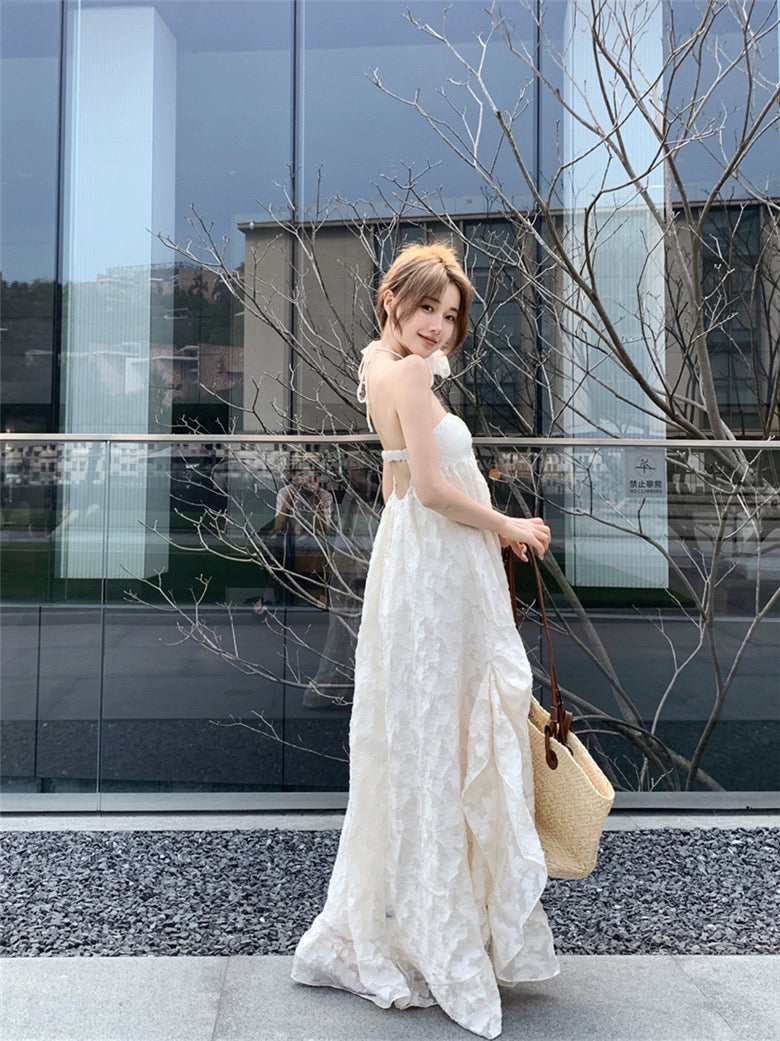 Floral Bareback Beige Tube Long Dress