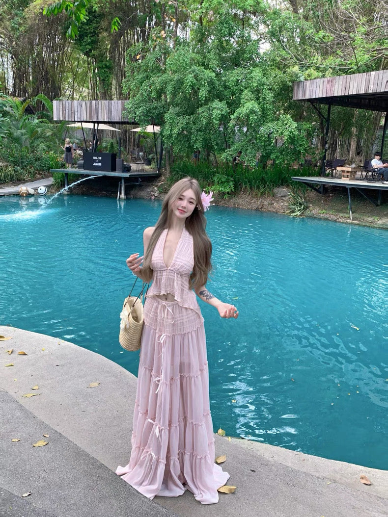 Pink Lace Top + Long Skirt Two Pieces Set