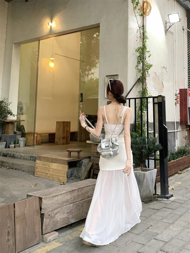 Cream White Mesh Long Skirt (S, M)