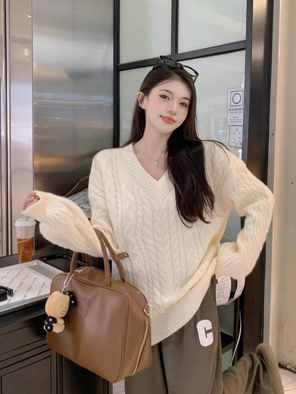 Beige V Collar Long Sleeve Knitted Top