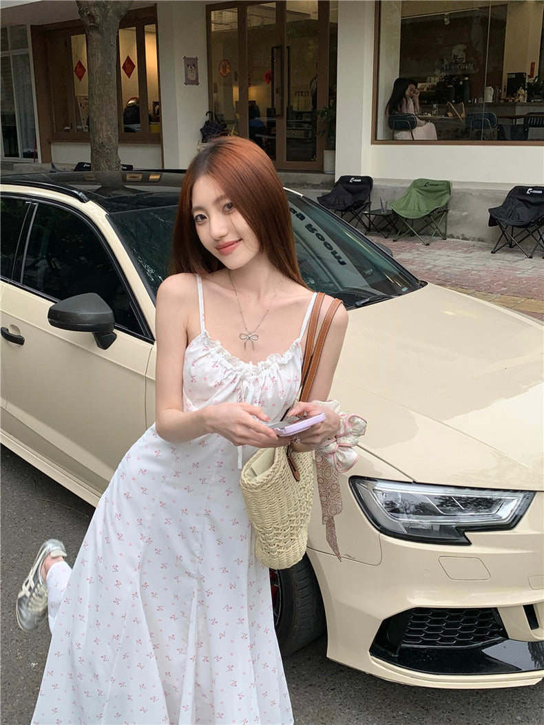 Pink Flower White Strap Long Dress (M)