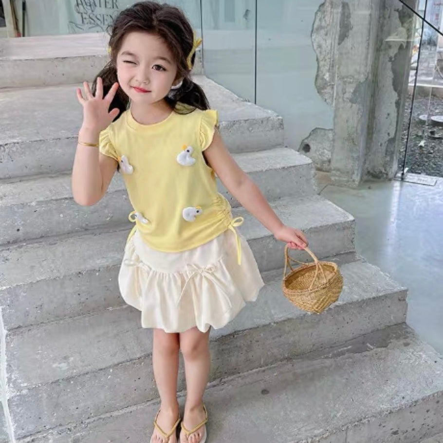 Little Girl Cute Duck Yellow Top + Skirt (90)