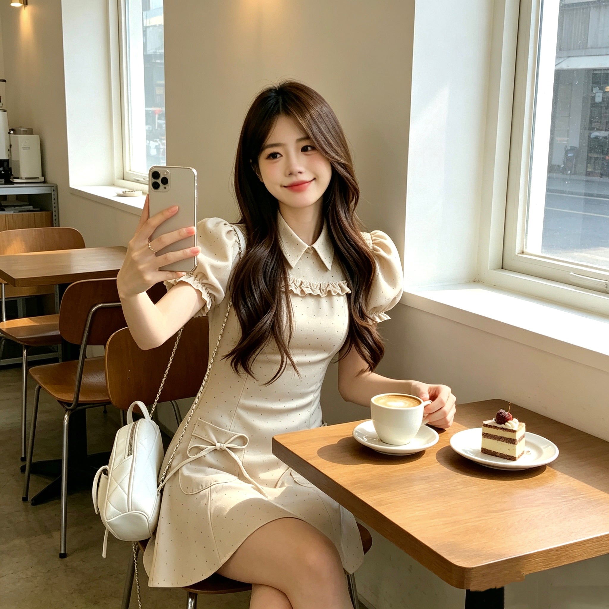 Khaki Puff Sleeve Mini Dot Dress
