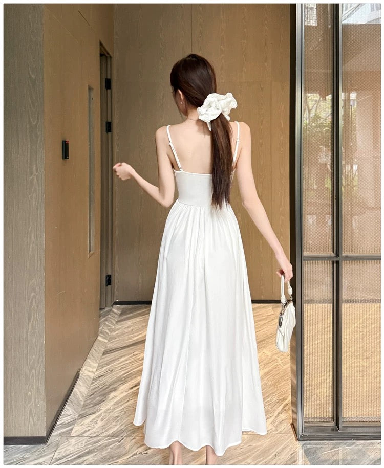 V Collar Strap Long Dress (Yellow, White)