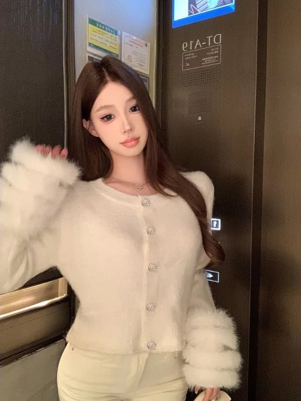 Furry Sleeve Knitted Red Cardigan Top