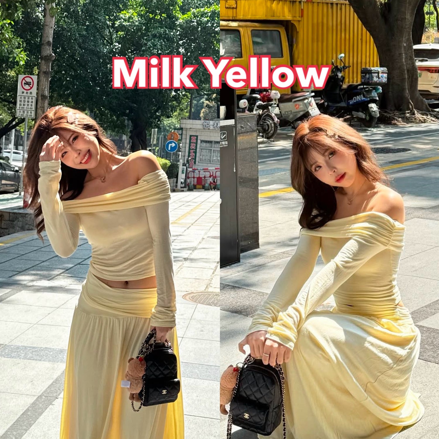 Off Shoulder Long Sleeve Top + Long Skirt Two Pieces Set