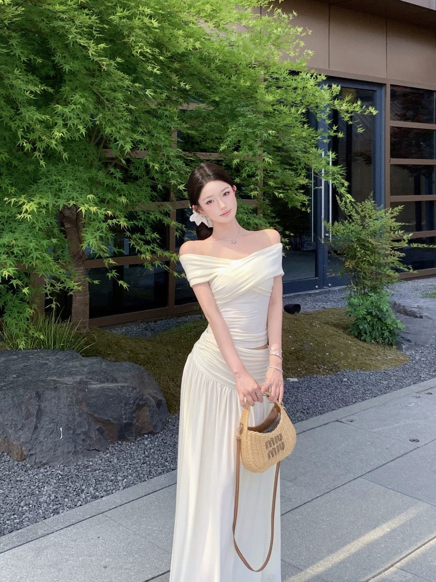 Cream Off Shoulder Top + Long Skirt Two Pieces Set