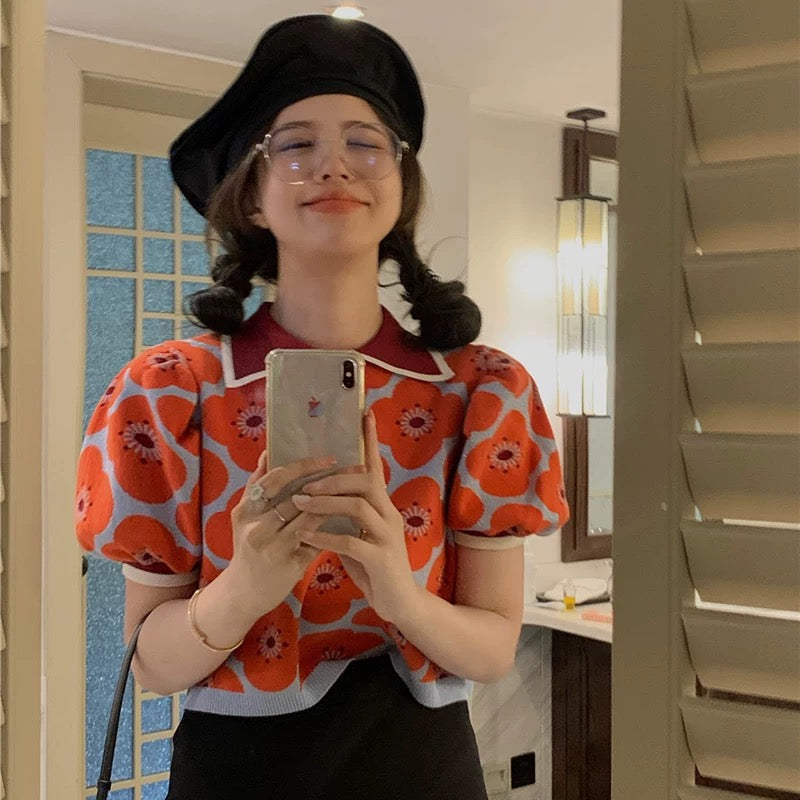 Red Flower Knitted Short Sleeve Top