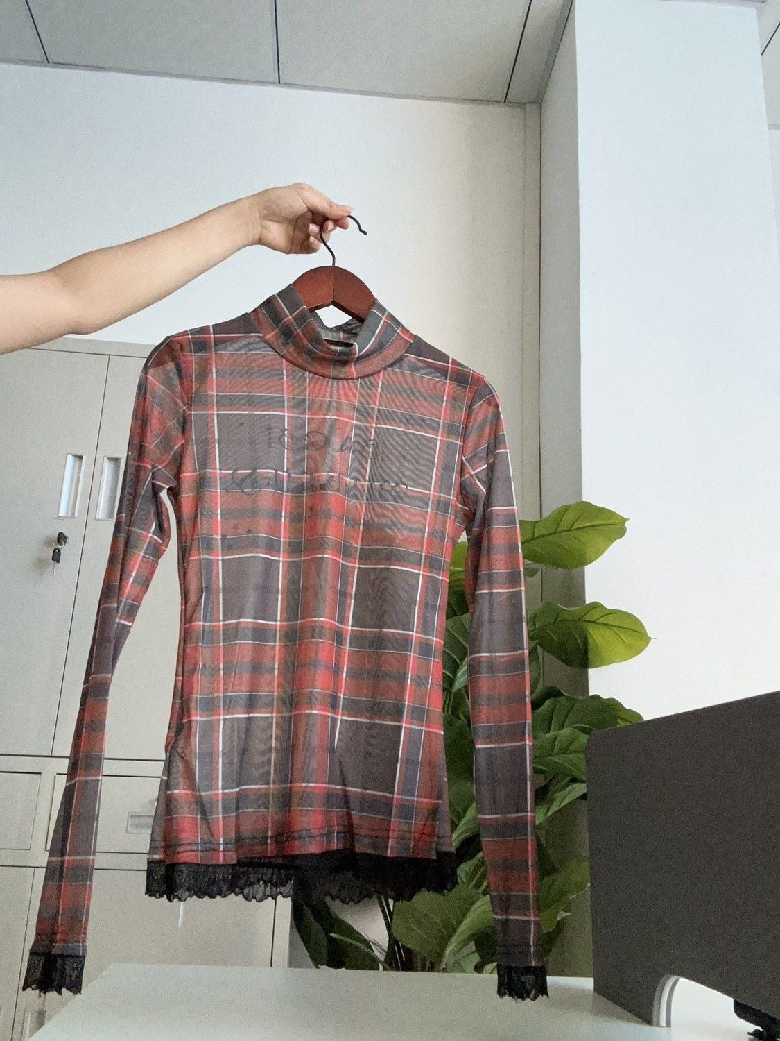 Mesh Grid Red Long Sleeve Top