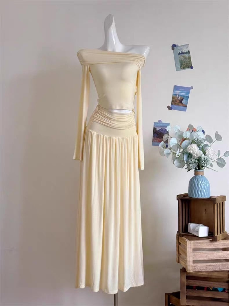 Off Shoulder Long Sleeve Top + Long Skirt Two Pieces Set