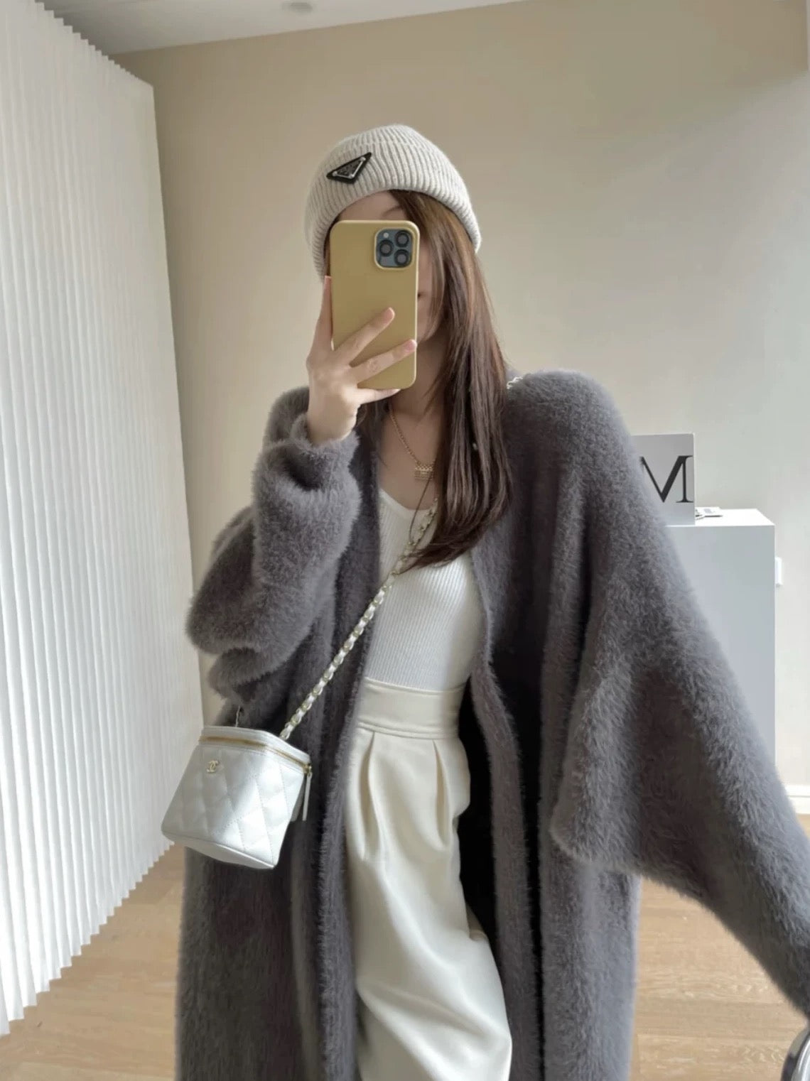 Amelia Fuzzy Long Cardigan Top/ Outerwear (Cream)