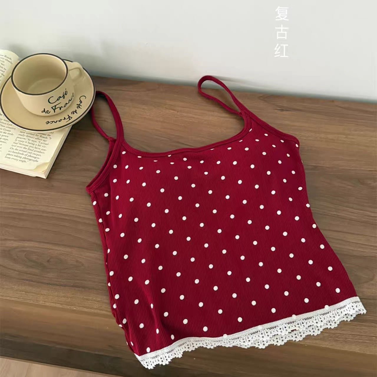 White Polka Dot Red Strap Top
