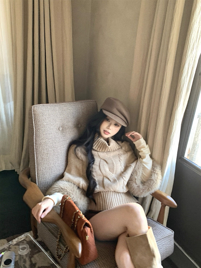 Fur Sleeve Multi Wear Collar Knitted Top (Cream, Brown)