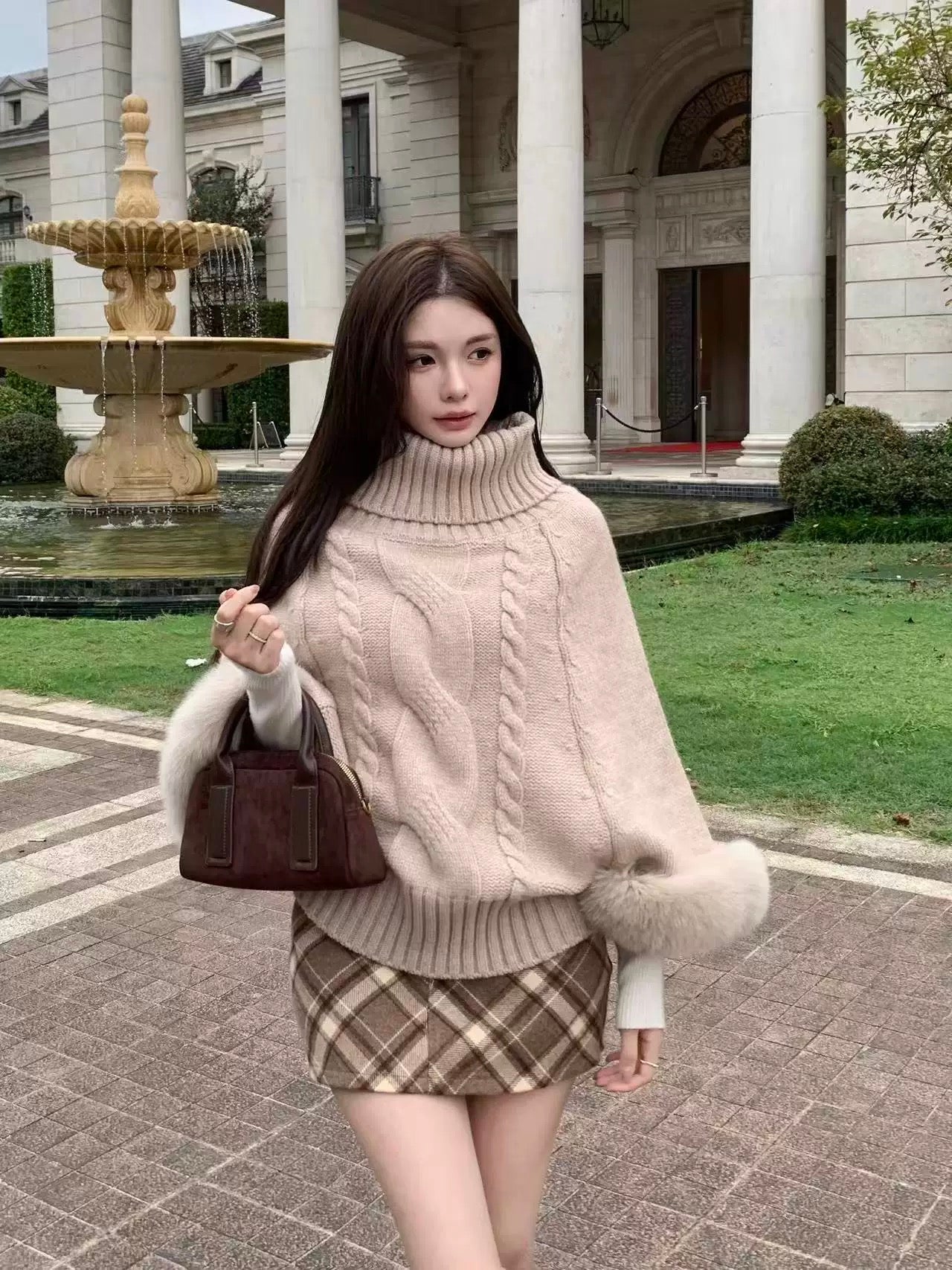 Fur Sleeve Multi Wear Collar Knitted Top (Cream, Brown)