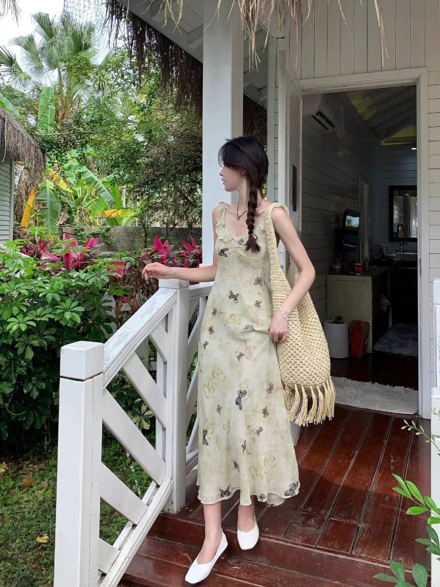 Ruffles Strap Butteflies Chiffon Dress (S, M)