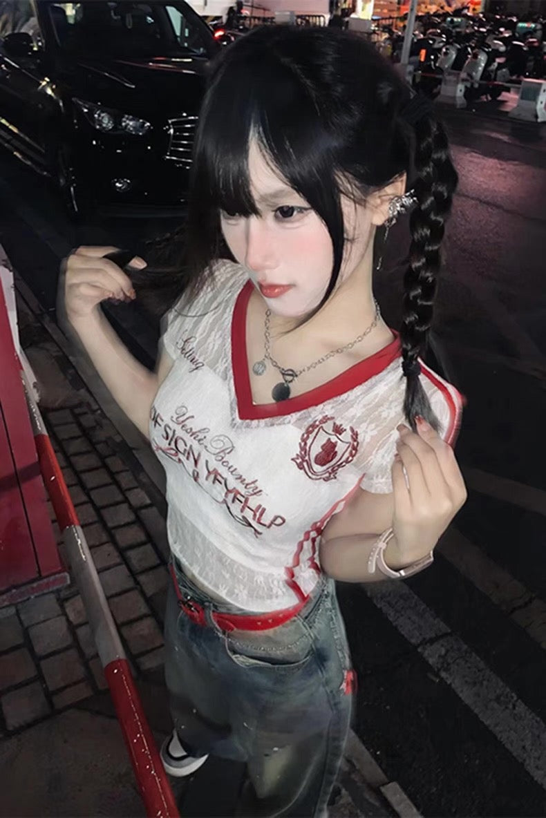 Red V Collar Laces Top
