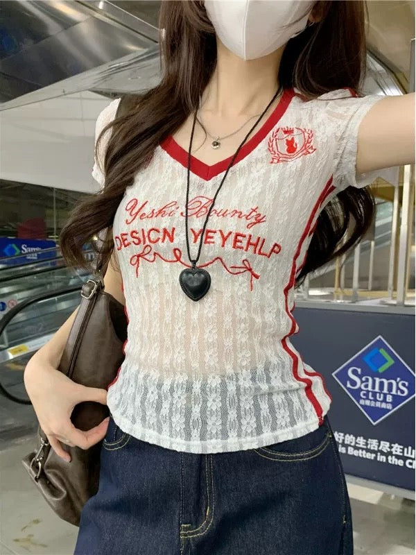 Red V Collar Laces Top