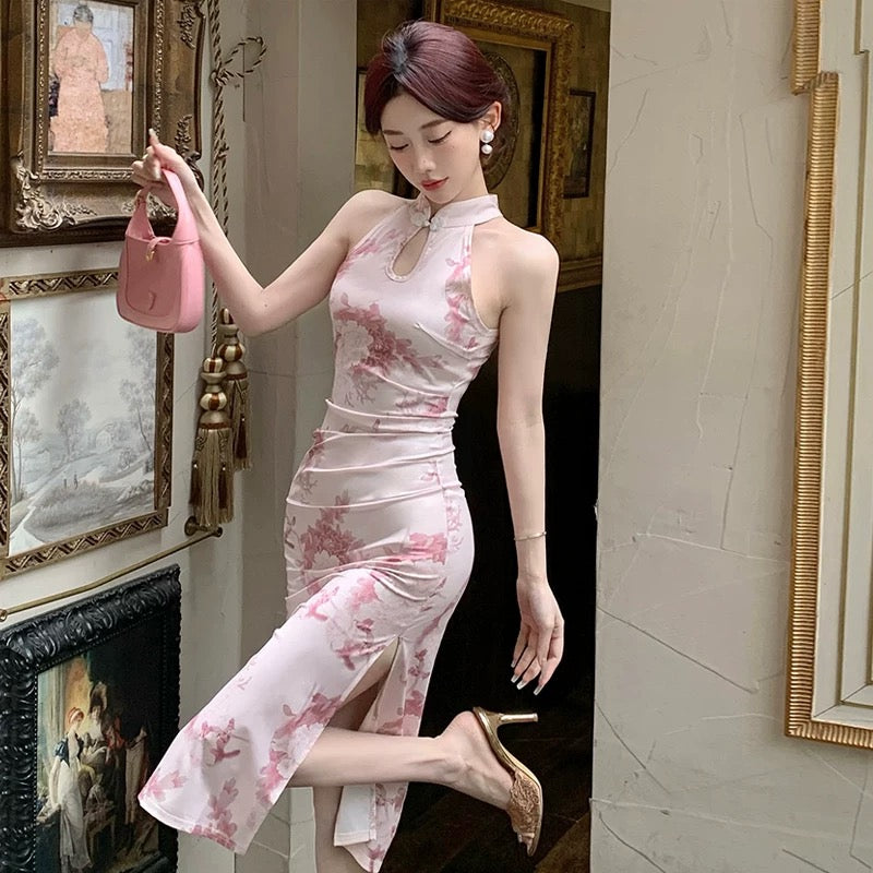 Pink Flower Sleeveless Cheongsam Long Dress (S)