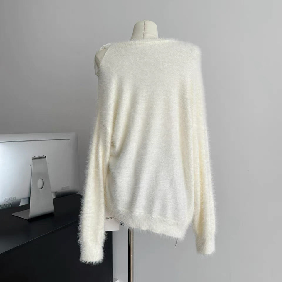 Cream White Mix Lacey Knitted Long Sleeve Top