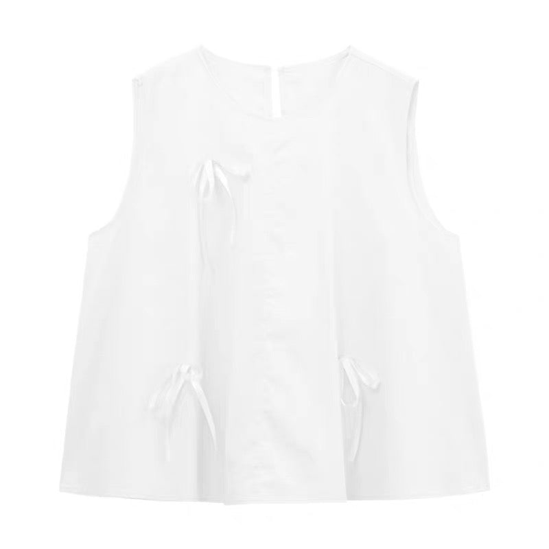 White Ribbons Sleeveless White Top + Skirt Two Piece Set