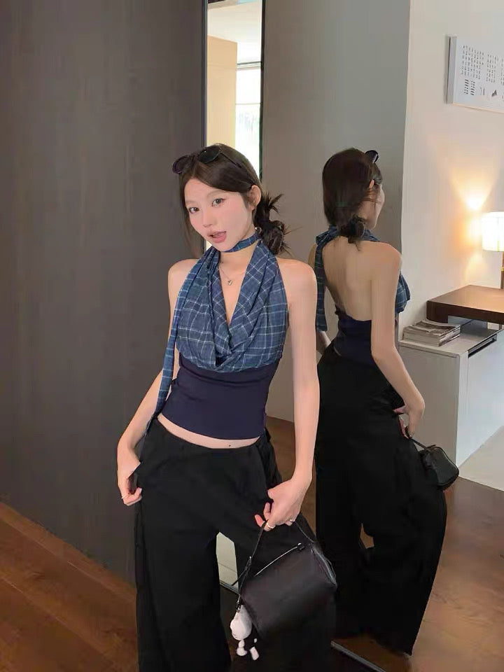 Navy Deep V Collar Top