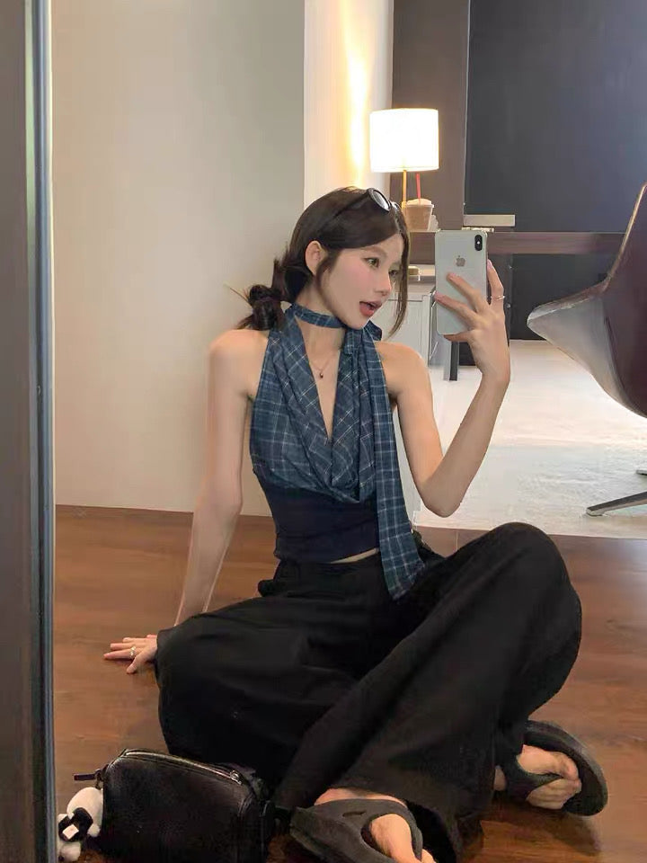 Navy Deep V Collar Top