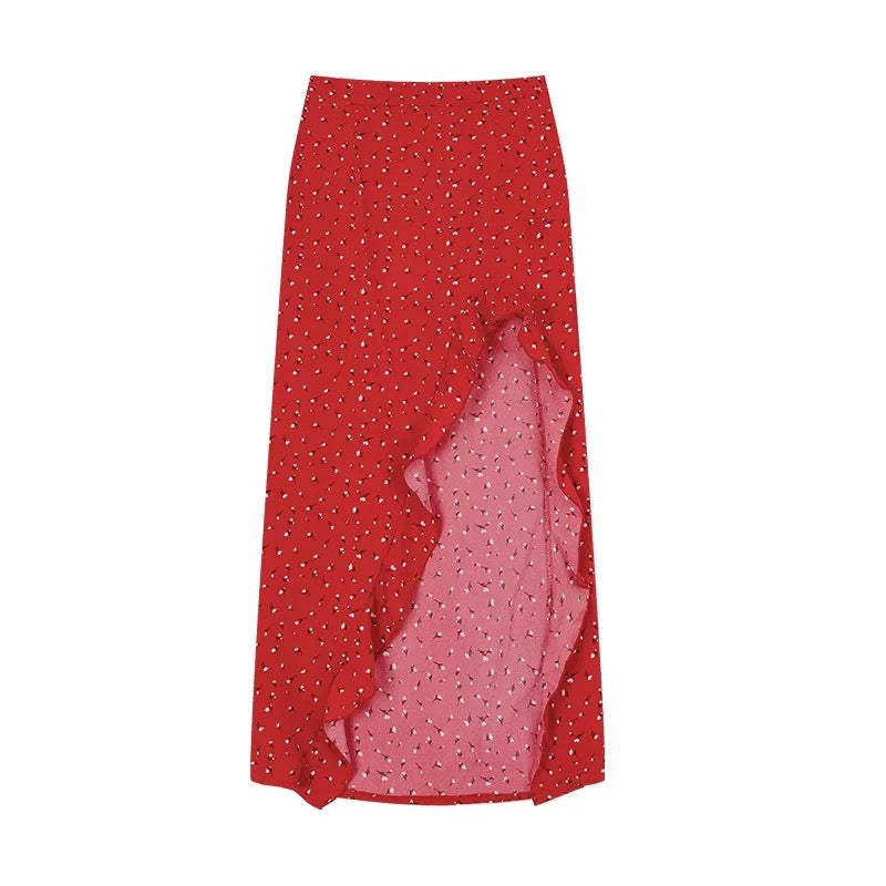 Lora Red Side Cut Long Skirt
