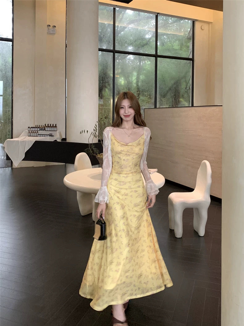 Mini Floral Yellow Mesh Maxi Dress