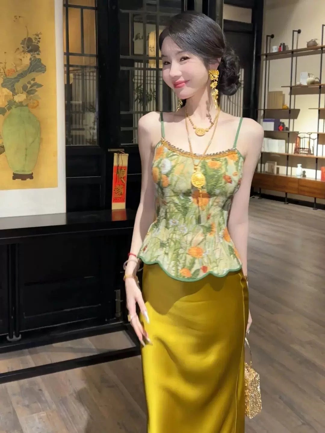 Green Cheongsam Top + Skirt Two Piece Set (XS)