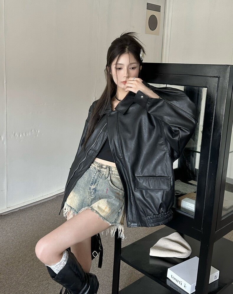 Thin PU Leather Oversize Jacket (Brown, Black)
