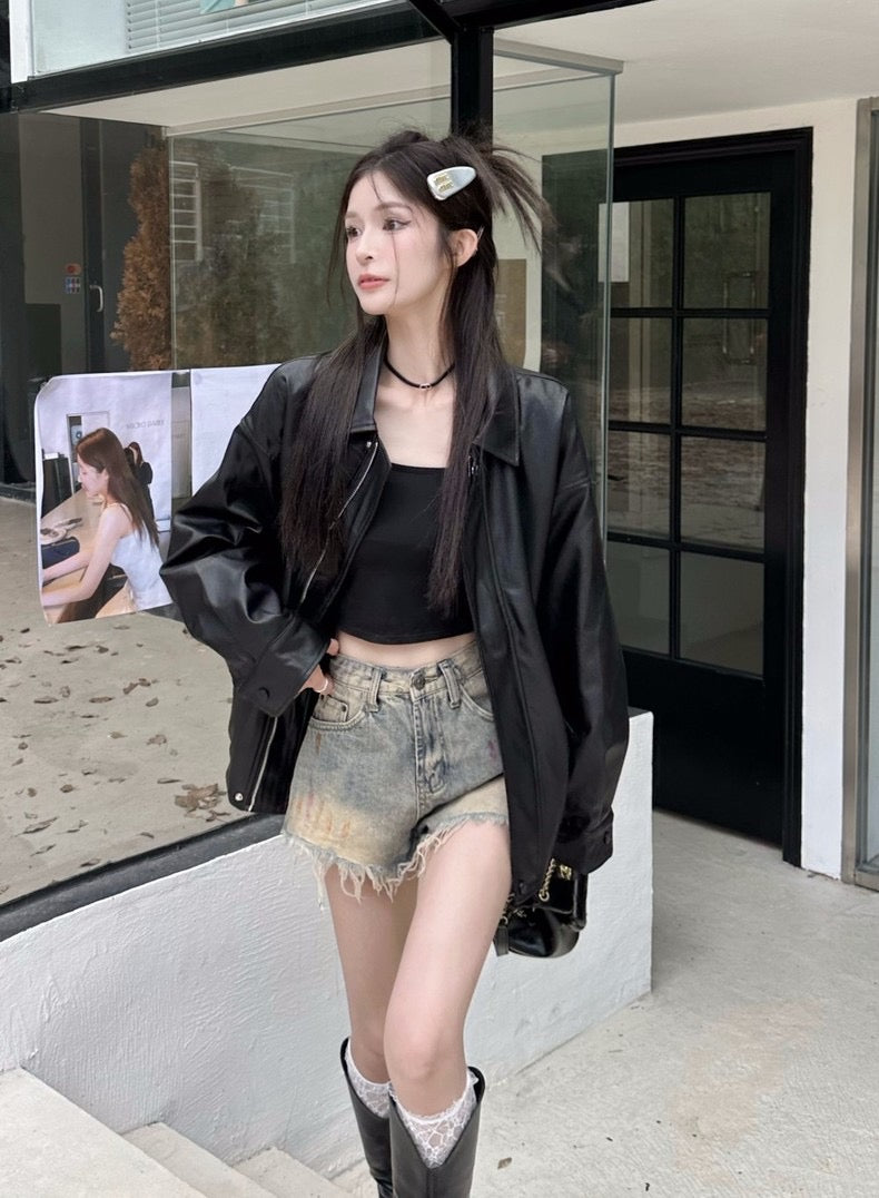 Thin PU Leather Oversize Jacket (Brown, Black)