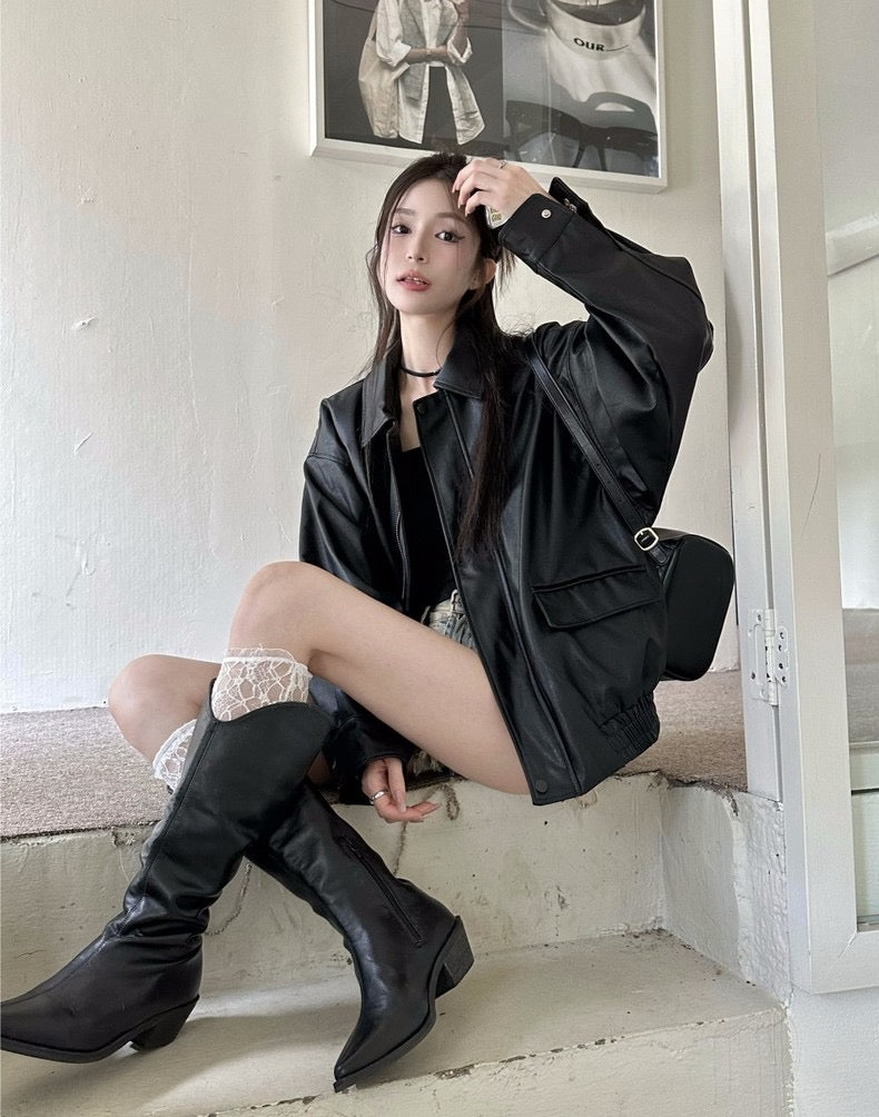 Thin PU Leather Oversize Jacket (Brown, Black)