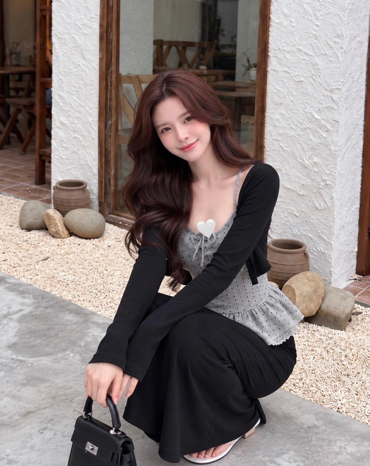 Polka Dot Grey Top + Skirt + Cardigan Three Piece Set