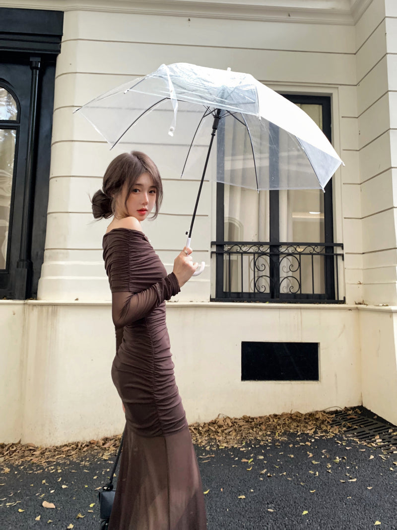 Brown Off Shoulder Mesh Dress