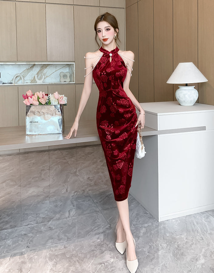 Pearl Strap Halter Collar Cheongsam Long Dress (S)