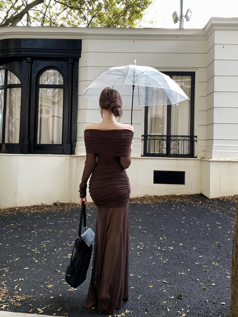 Brown Off Shoulder Mesh Dress