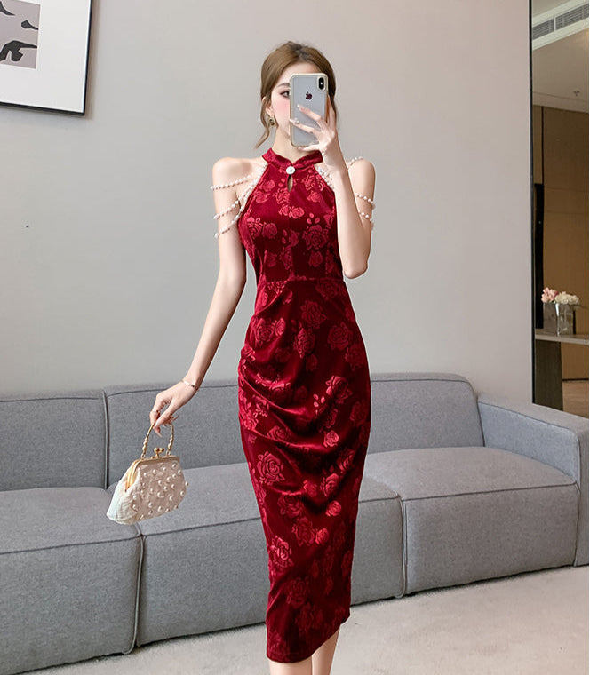 Pearl Strap Halter Collar Cheongsam Long Dress (S)