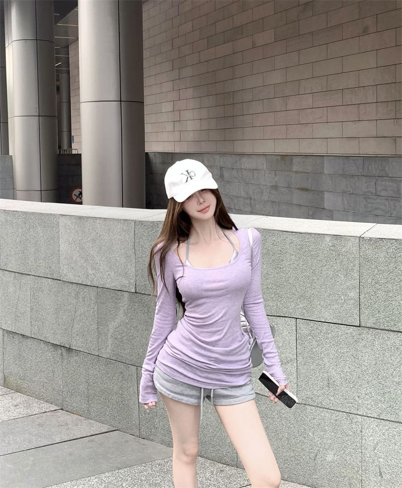 Bra Top + U Collar Long Sleeve Top Two Piece Set