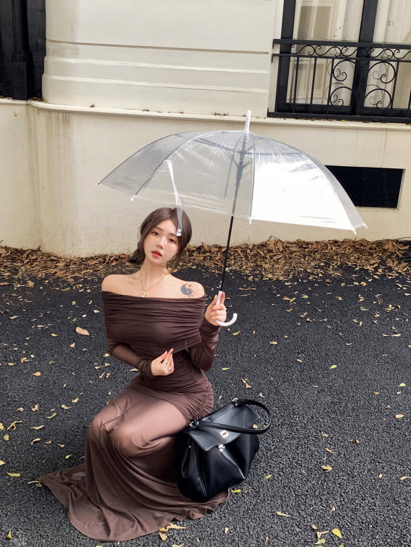 Brown Off Shoulder Mesh Dress