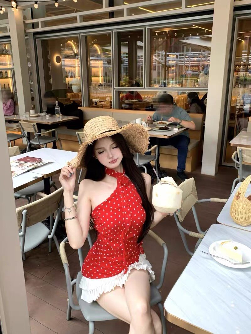 White Polka Dot Red Mesh Top
